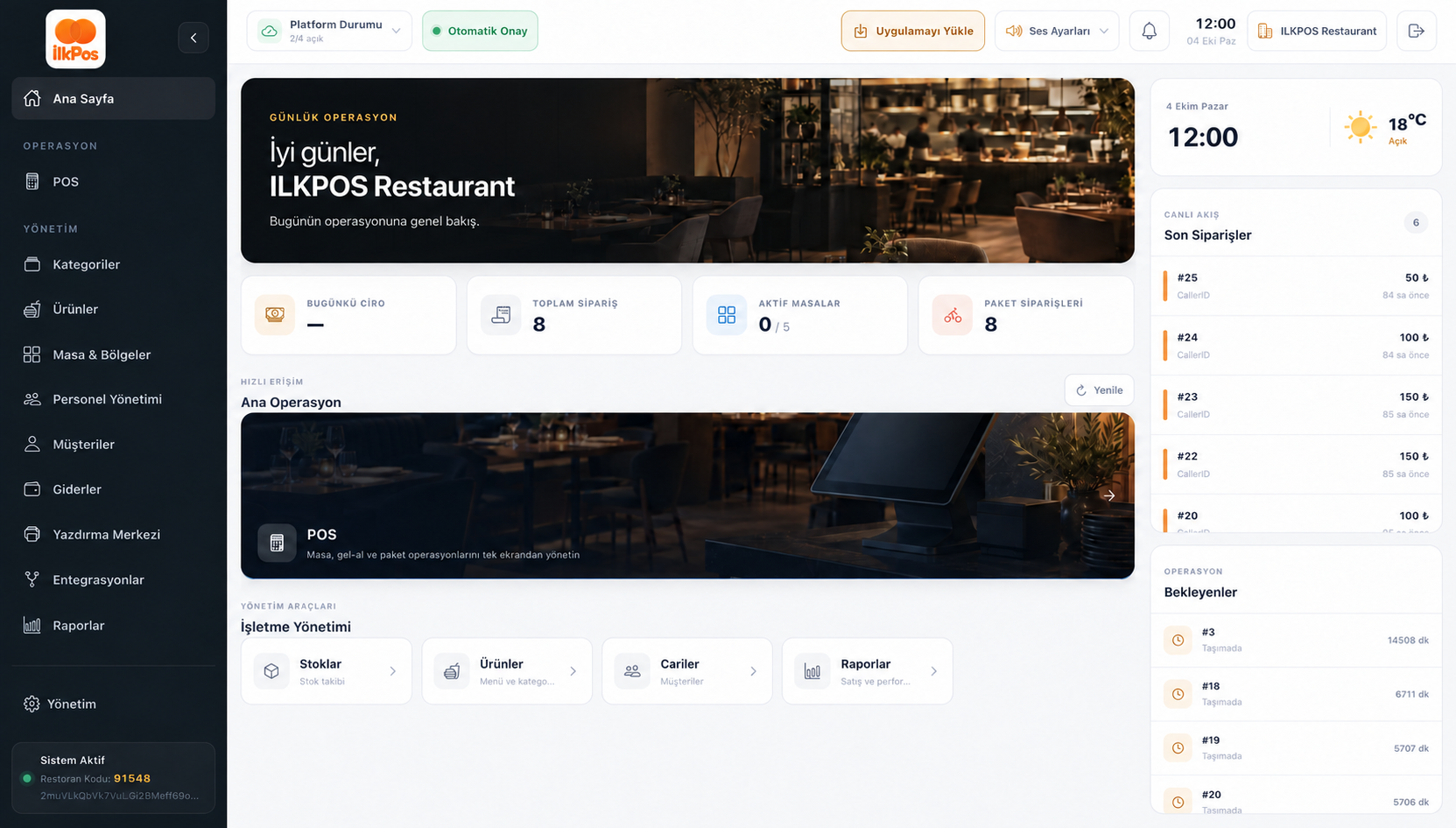 ILKPOS restoran yönetim paneli ana ekranı
